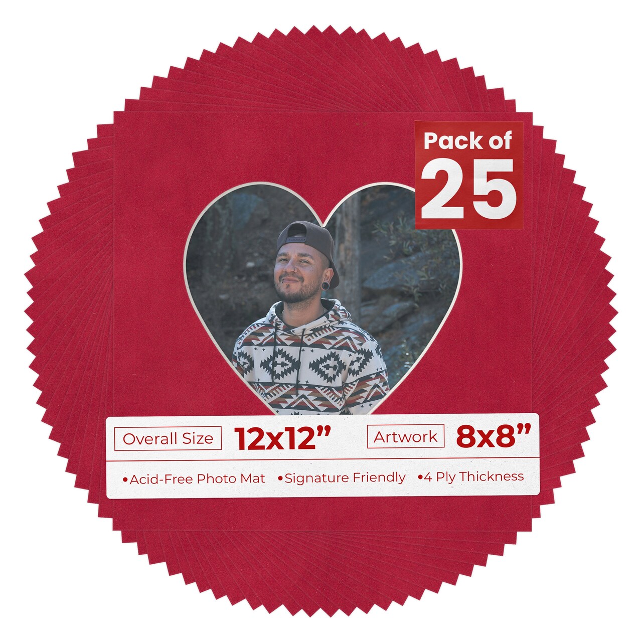 Red Suede Mat Board for 12x12 Frames - Heart Opening for 8x8 Photos